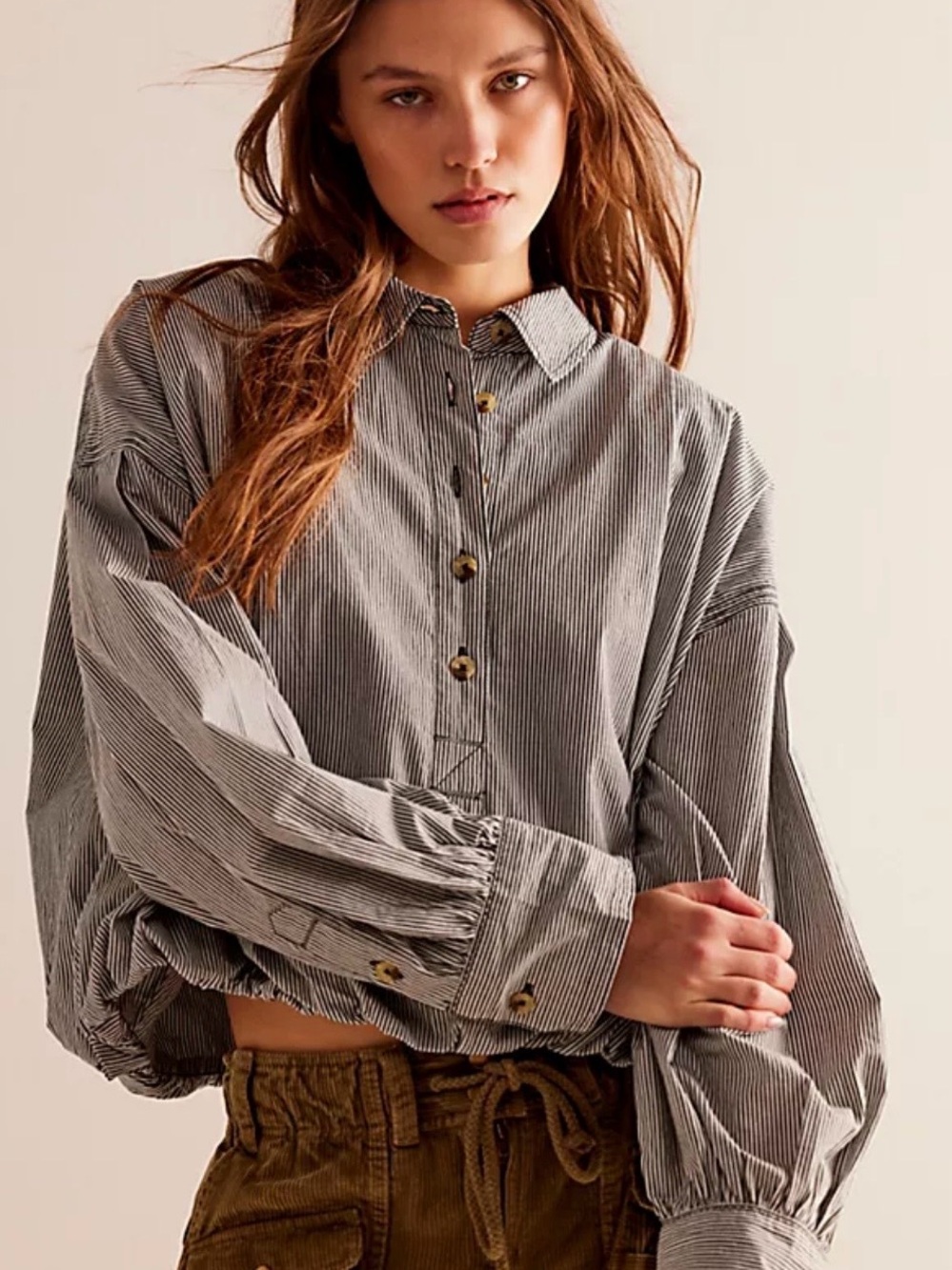 We The Free Womens Newport Stipe small Cropped bubble Hem long sleeve top shirt